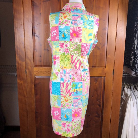 Vintage Palm Lily Cottagecore Sleeveless Boho Patchwork Button Front Shirt Dress - Picture 2 of 16